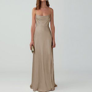 Fame and Partners Strappy Draped Gown - Matte Satin Dark Tan